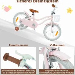 14/16 Zoll Kinderfahrrad mit Stützrädern & Korb Kinder Fahrrad mit Höhenverstellbarer Lenker & Sattel Rosa/Lila