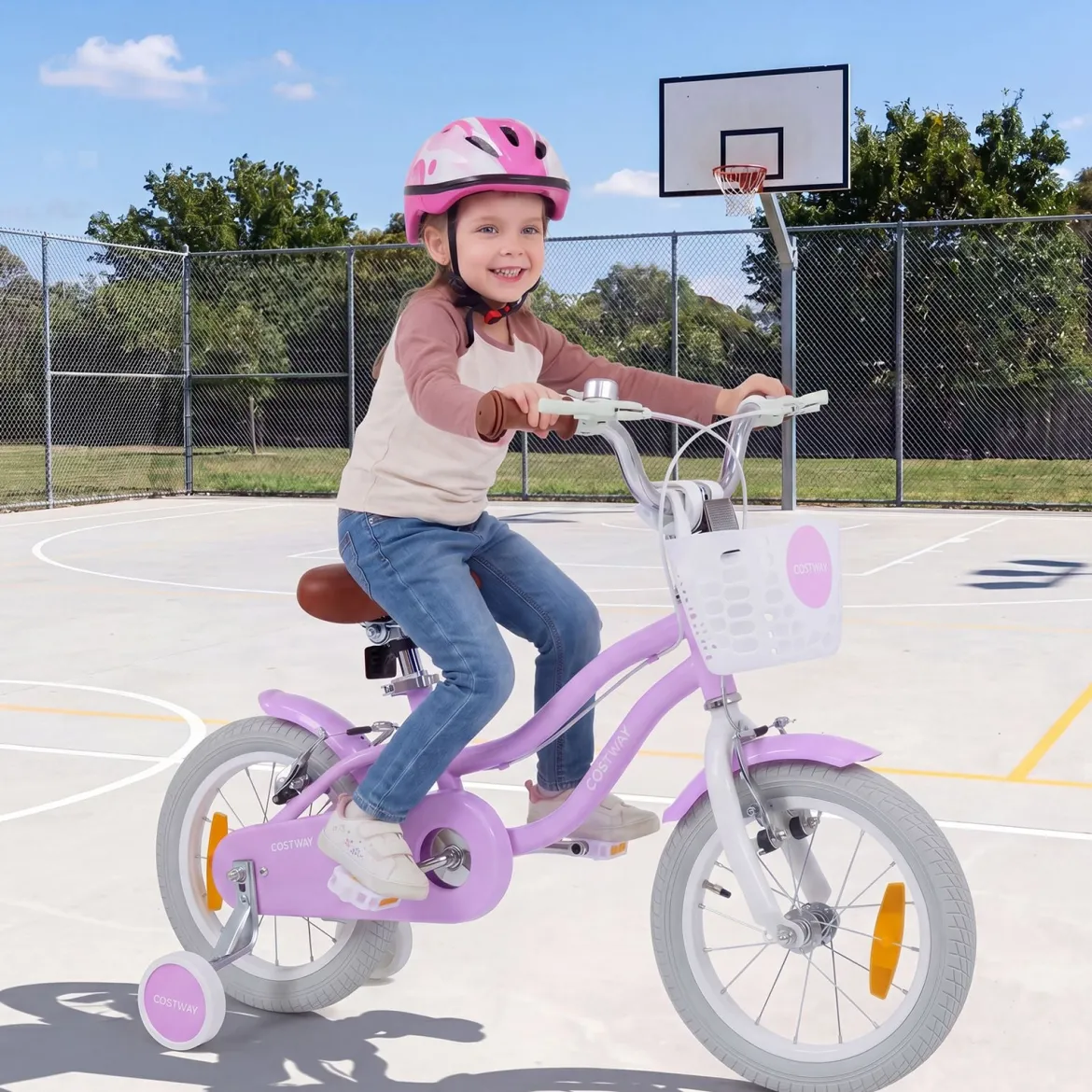 14/16 Zoll Kinderfahrrad mit Stützrädern & Korb Kinder Fahrrad mit Höhenverstellbarer Lenker & Sattel Rosa/Lila