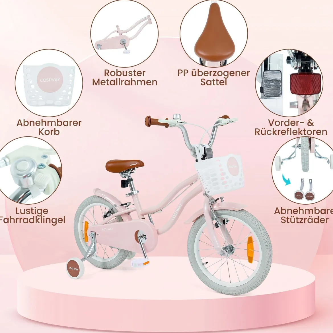 14/16 Zoll Kinderfahrrad mit Stützrädern & Korb Kinder Fahrrad mit Höhenverstellbarer Lenker & Sattel Rosa/Lila