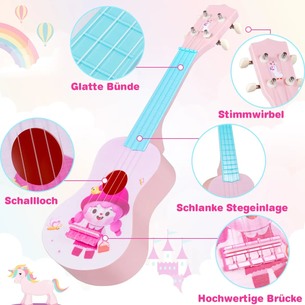 21 Zoll Ukulele für Kinder Mini Spielzeug-Ukulele mit 4 Nylonsaiten & 12 Bünden für Anfänger Rosa