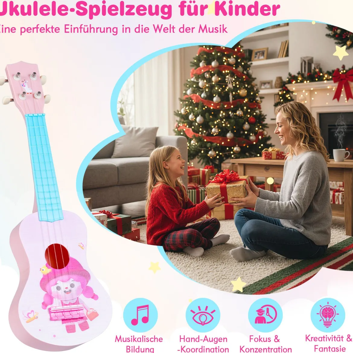 21 Zoll Ukulele für Kinder Mini Spielzeug-Ukulele mit 4 Nylonsaiten & 12 Bünden für Anfänger Rosa