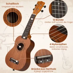 21 Zoll Ukulele Mahagoni Holz Ukulelen-Set mit Tragetasche Plektrum verstellbarem Gurt Natur