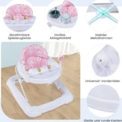 Zusammenklappbarer Lauflernwagen mit Rädern 3-stufig Höhenverstellbar & Abnehmbares Weiches Sitzkissen Rosa