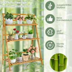 Zusammenklappbarer Pflanzenständer aus Bambus 3-Stufiges Leiterregal 70 x 38 x 95,5 cm Natur