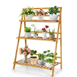 Zusammenklappbarer Pflanzenständer aus Bambus 3-Stufiges Leiterregal 70 x 38 x 95,5 cm Natur