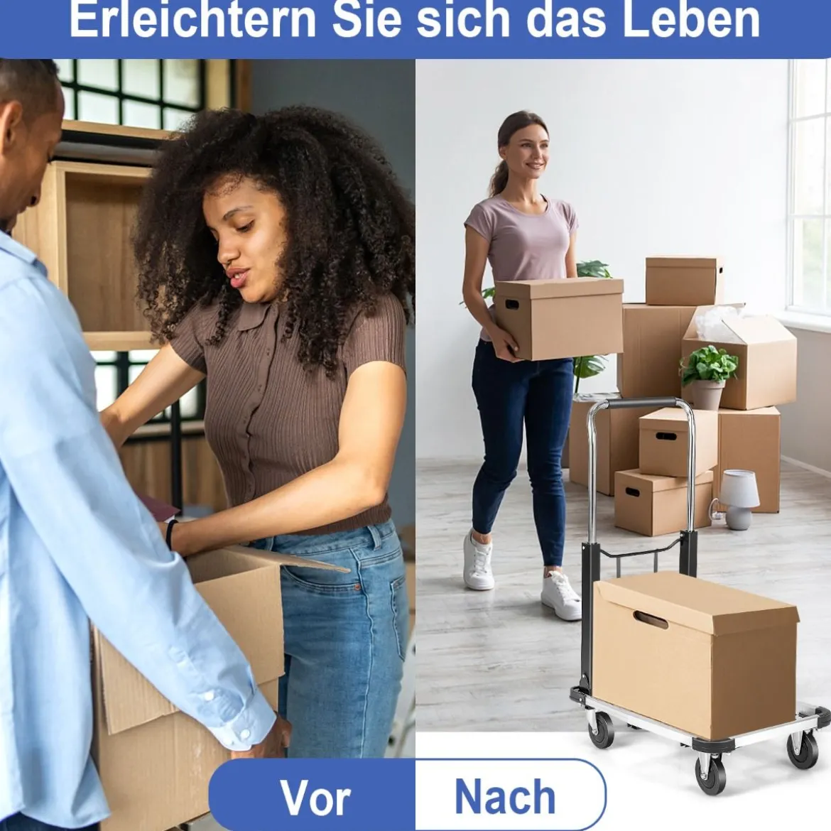 Zusammenklappbarer Sackkarren mit 4 Rädern höhenverstellbar & mit ausziehbarer Platte 150 Kg Ladekapazität