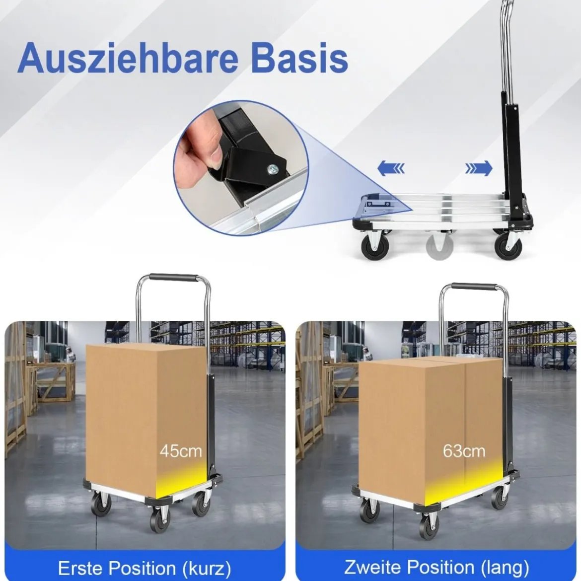 Zusammenklappbarer Sackkarren mit 4 Rädern höhenverstellbar & mit ausziehbarer Platte 150 Kg Ladekapazität