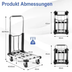 Zusammenklappbarer Sackkarren mit 4 Rädern höhenverstellbar & mit ausziehbarer Platte 150 Kg Ladekapazität