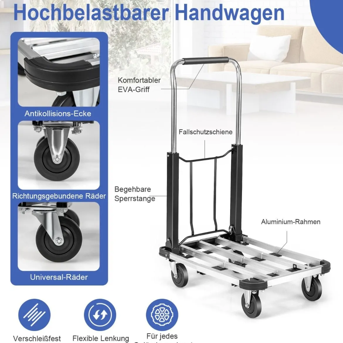 Zusammenklappbarer Sackkarren mit 4 Rädern höhenverstellbar & mit ausziehbarer Platte 150 Kg Ladekapazität