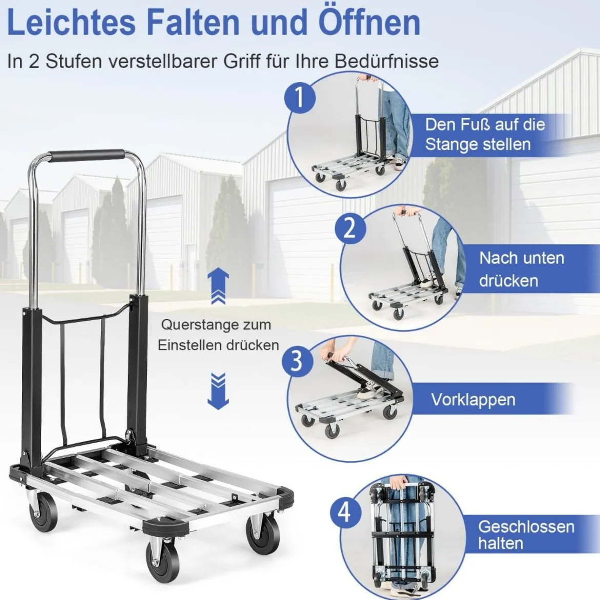 Zusammenklappbarer Sackkarren mit 4 Rädern höhenverstellbar & mit ausziehbarer Platte 150 Kg Ladekapazität