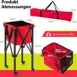Zusammenklappbarer Tennisballwagen mit Rädern abnehmbarer Tasche Seitentaschen & Tragetasche tragbarer Ballwagen für 150 Tennisbälle Rot