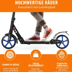 Zusammenklappbarer Trittroller ABEC7-LagerScooter mit zwei großen Rädern Tretroller 3 Höhen verstellbar Schwarz und blaue Räder